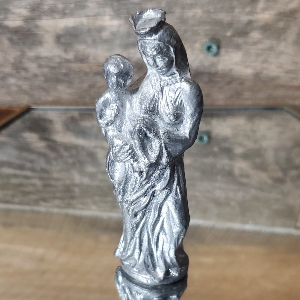 Solid Pewter Virgin Mary & Child Figurine – 4" Tall, Hand-Finished, Vintage Cath